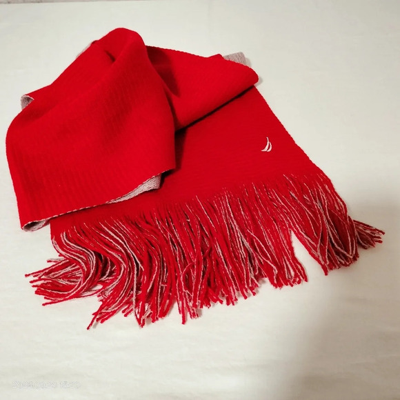 Nautica Performance Unisex OS Scarf Rectangle Red Beige Tassel Reversible - Picture 10 of 11